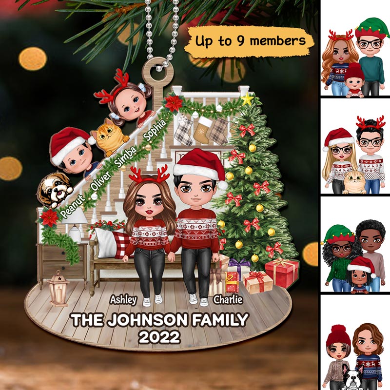 Doll Couple Standing And Kids Personalized Wooden Ornament