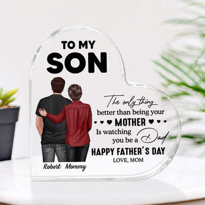 From Mom To Son Happy Father's Day Personalized Heart Acrylic Block Plaque, Heartfelt Father's Day Gift For Son