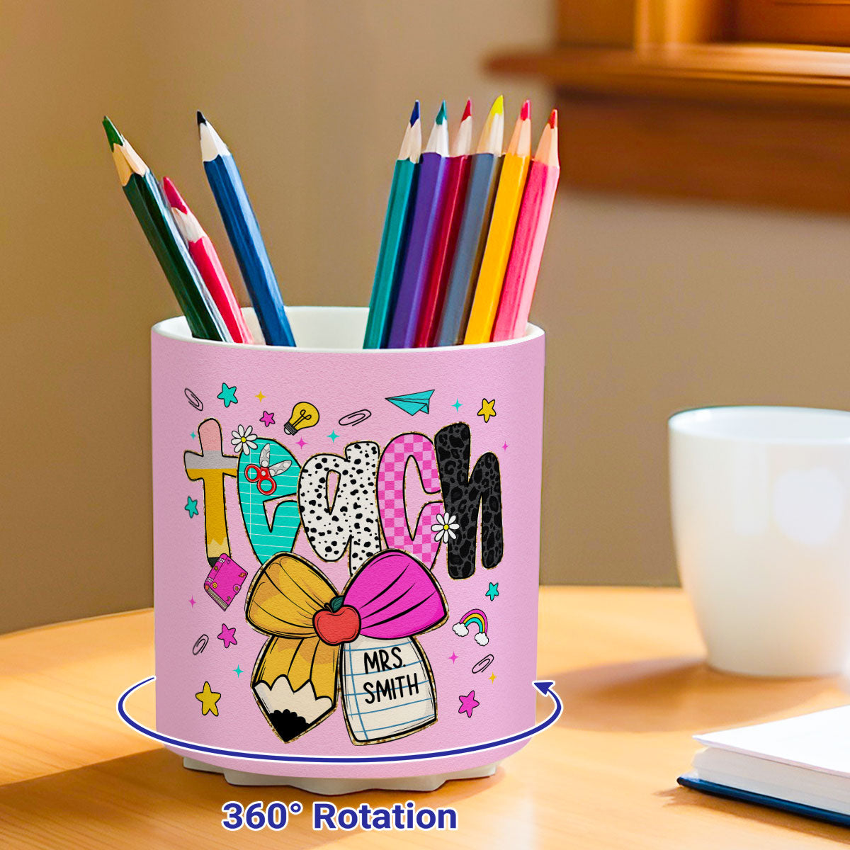 Preppy Teacher Pencil Coquette Bow Doodle Personalized Rotating Pen Holder, Custom Teacher Name, Back to School Gift