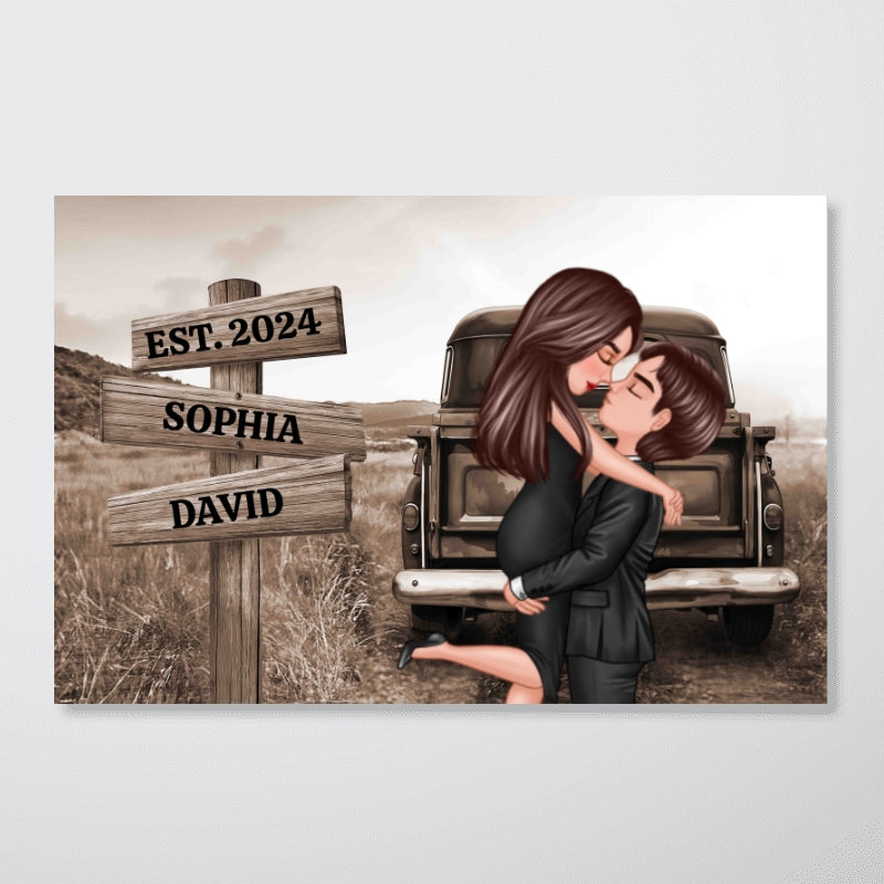 Couple Sign Post Retro Vintage Field Landscape Personalized Poster, Anniversary,  Gift for him, Gift for her
