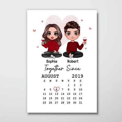 Doll Couple Sitting Anniversary Date Calendar Personalized Vertical Poster - Anniversary Gift For Couple - Gift For Him, Gift For Her