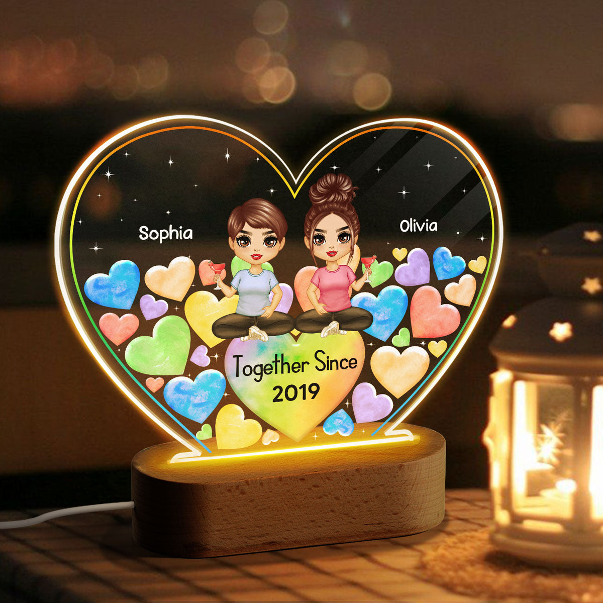LGBT Doll Couple Hearts In Heart Personalized Heart Acrylic Plaque With LED Night Light