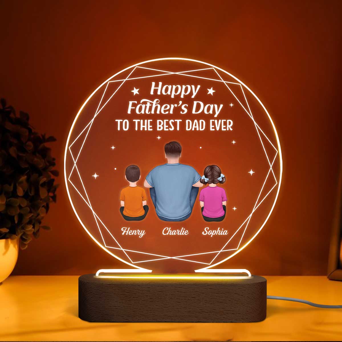 Hexagon Frame Best Dad Ever Back View Man Sitting With Kids Dogs Cats Personalized Circle Acrylic Plaque LED Night Light