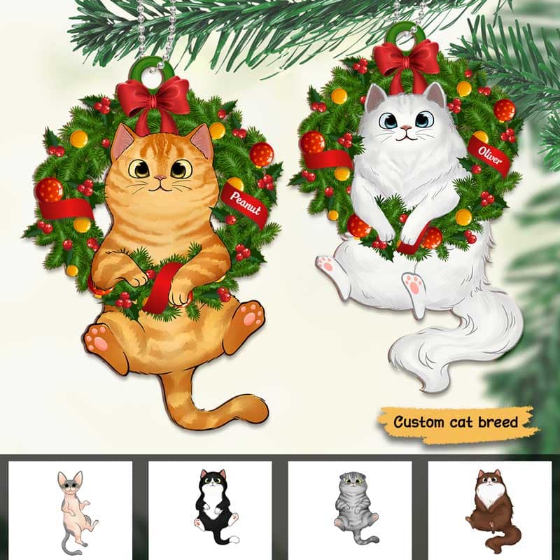 Fluffy Cat On Christmas Wreath Personalized Wooden Ornament