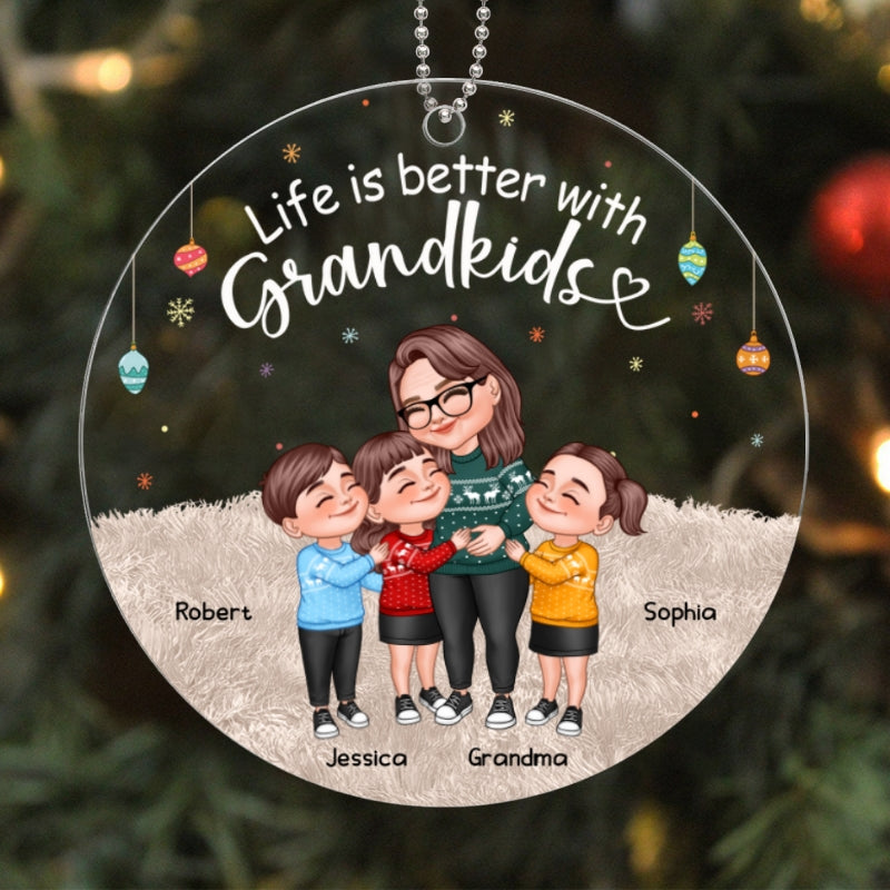 My Grandkids Cartoon Grandma & Grandkids Hugging Personalized Acrylic Ornament