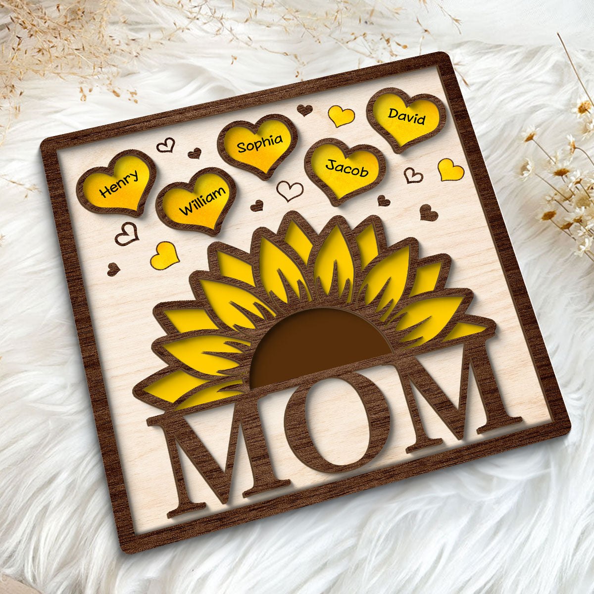 Grandma Mom Sunflower Hearts With Kids Names Personalized 2-layer Wooden Plaque