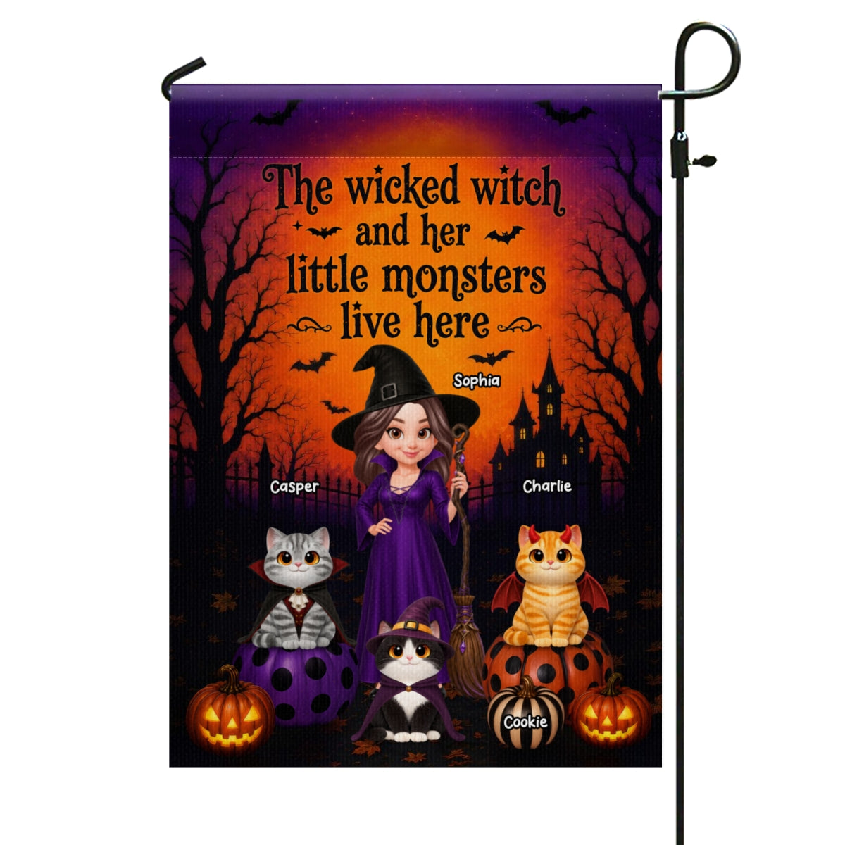 Halloween Wicked Witch And Little Monters Cats - Personalized Garden Flag