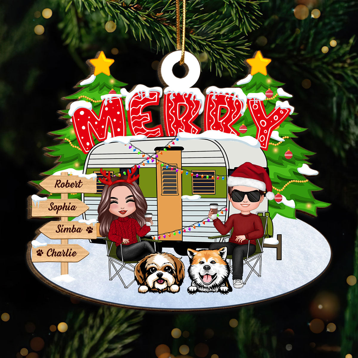Couple And Dogs Camping Merry Christmas Personalized Wooden Ornament