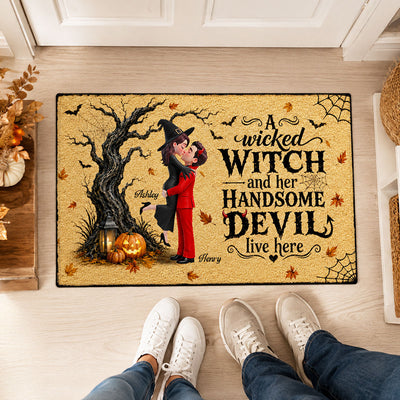 Wicked Witch And Handsome Devil Live Here - Personalized Doormat - Halloween Decor For Couple