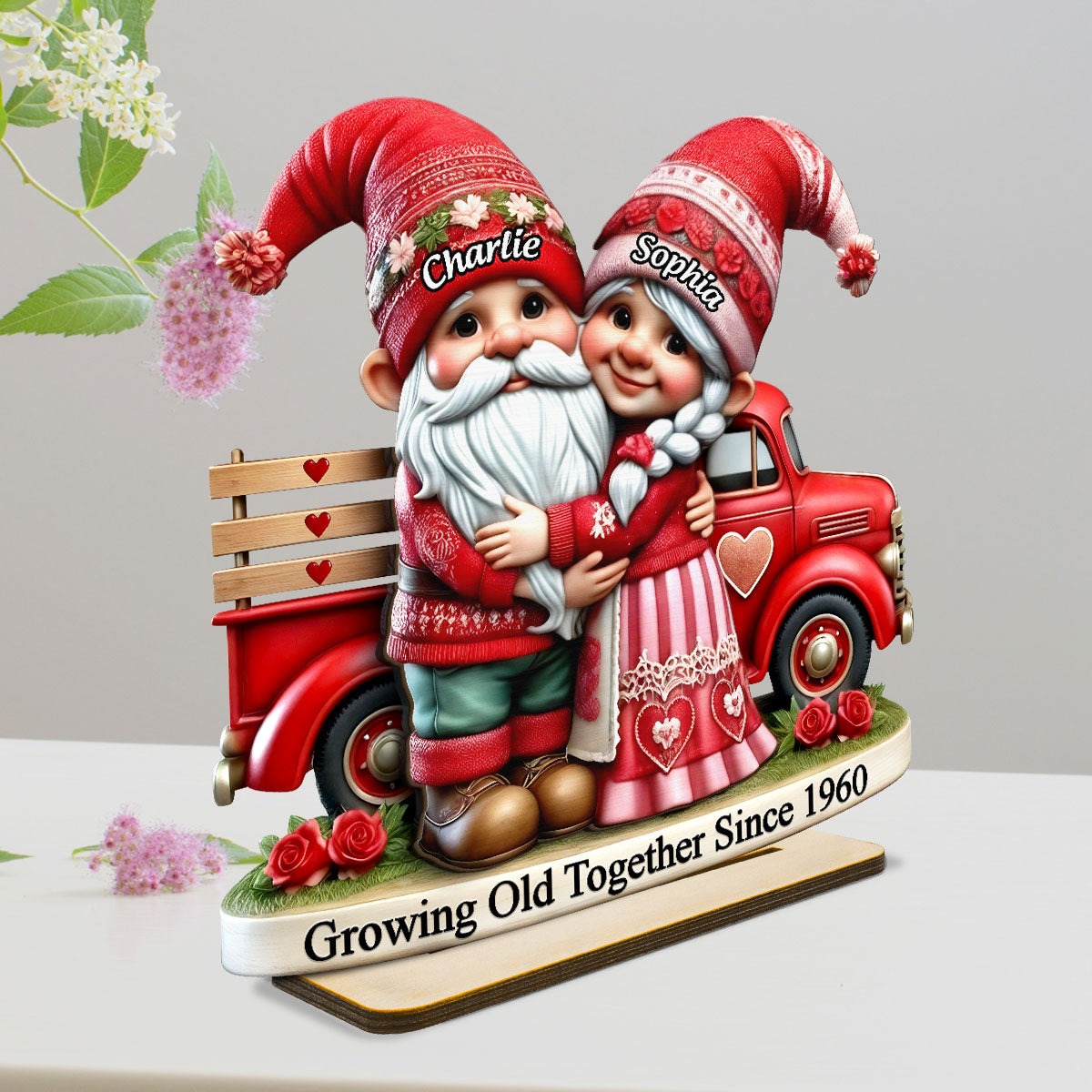 3D Effect Gnome Couple  Truck Personalized 2-Layer Standing Wooden Plaque, Heartfelt Gift For Her, For Wife