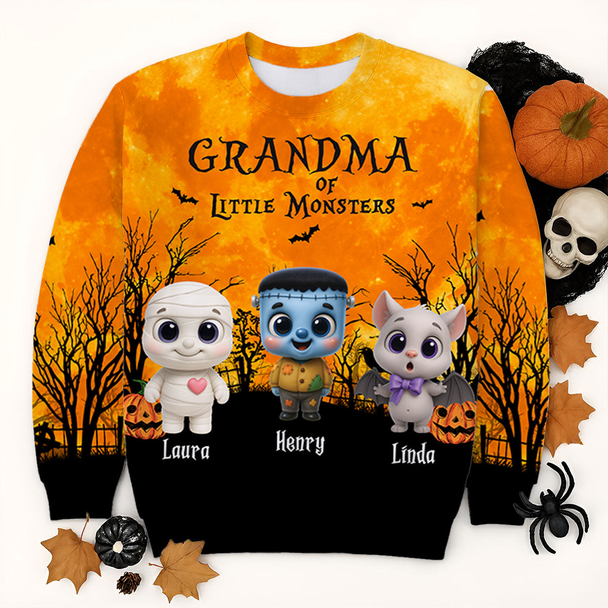 Grandma Mom Cute Little Monsters Halloween Moon Light Bat Tree Personalized 3D Sweatshirt, Purrfect Costume for Grandma