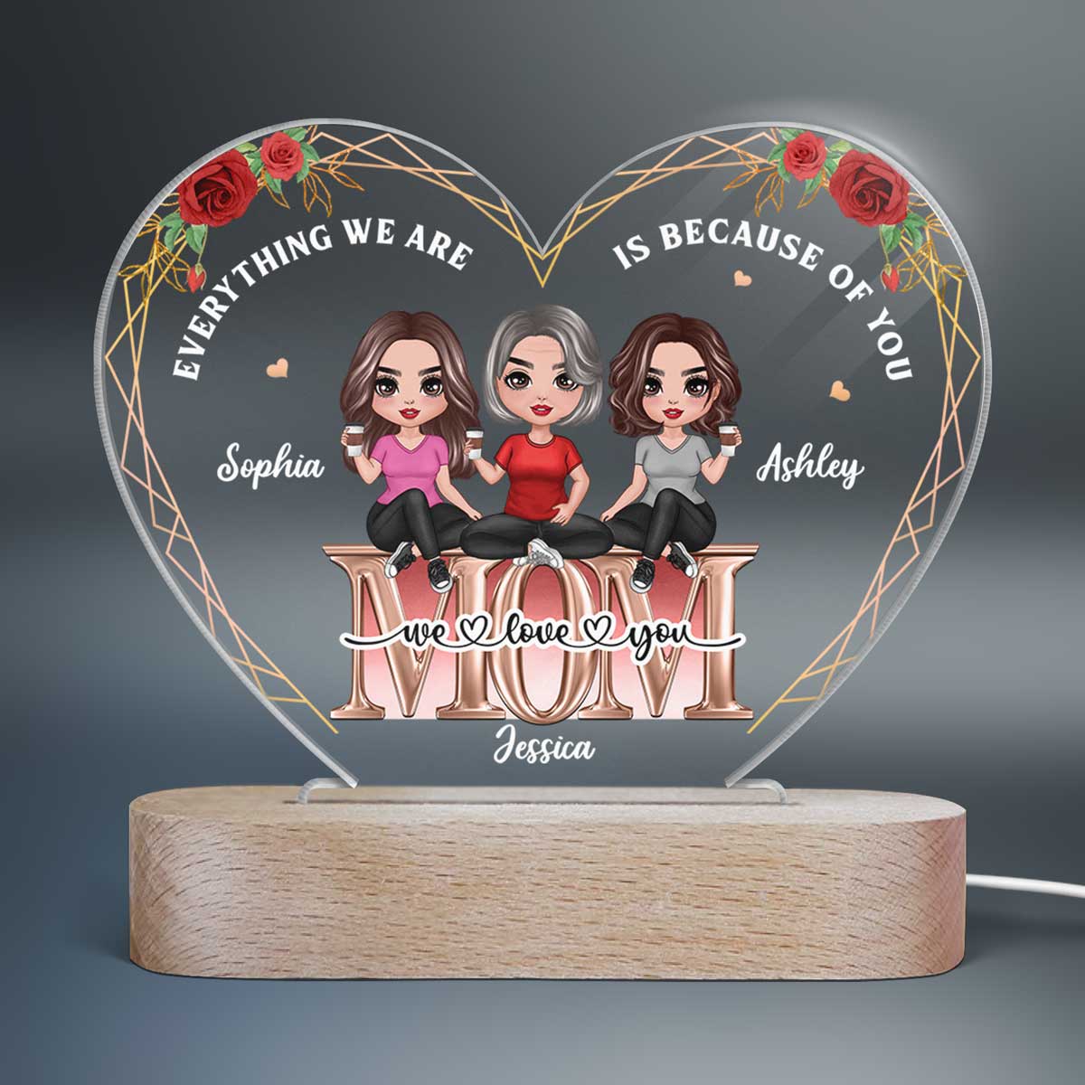 Mom We Love You Rose Outline Personalized LED Night Light Acrylic LED Lamp, Mother‘s Day Gift For Mom