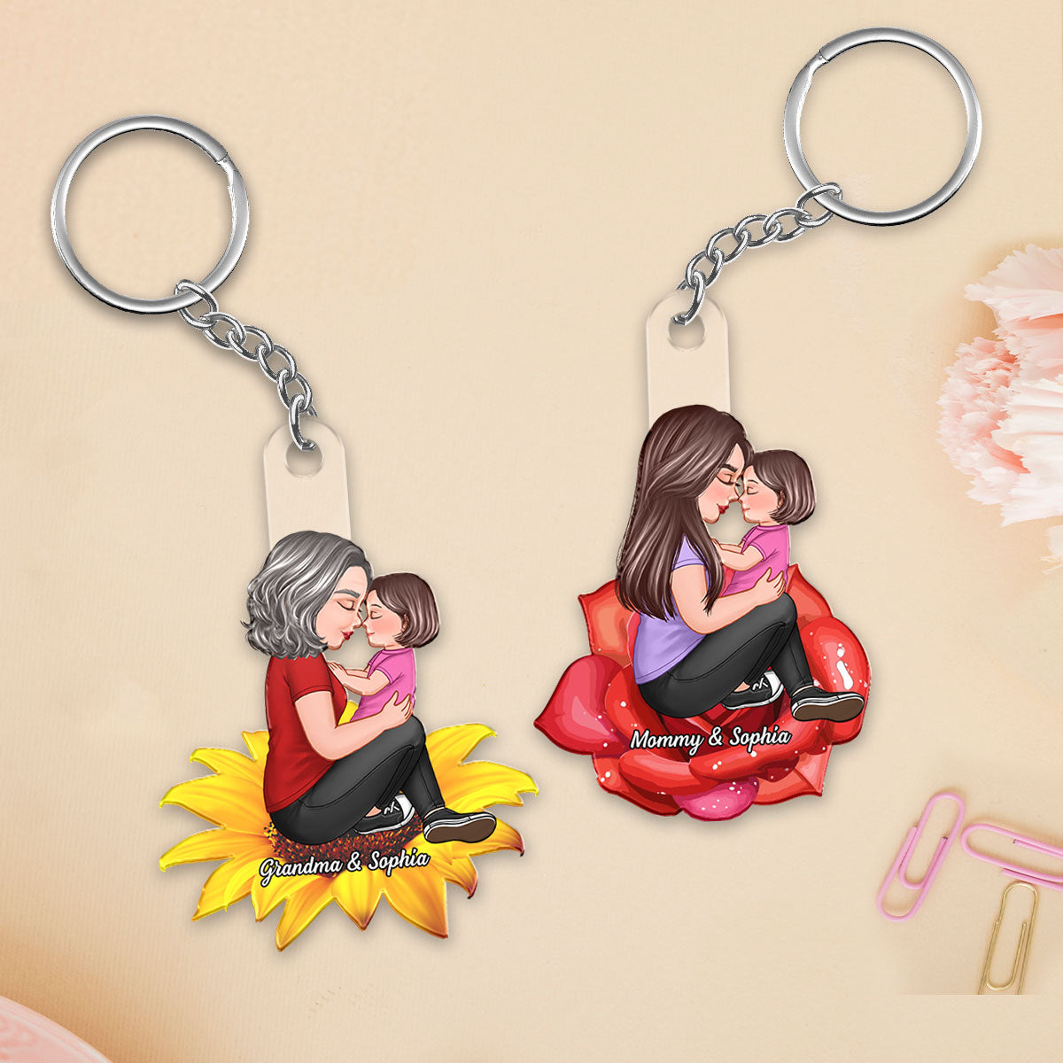 Grandma Mom Kid Sitting On Flower Personalized Acrylic Keychain, Gift For Mom, Gift For Grandma
