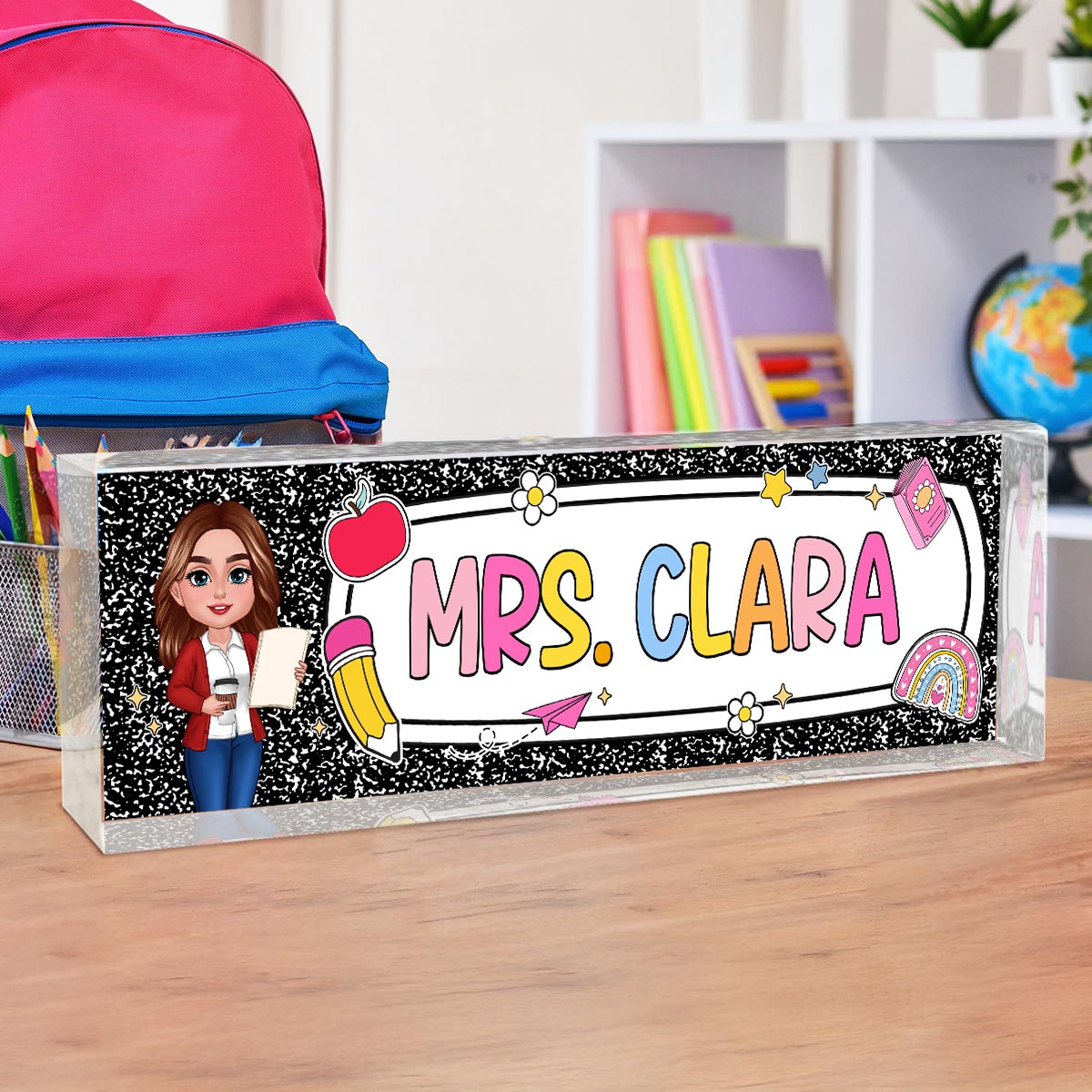 Teacher Composition Book Pattern Personalized Acrylic Desk Name Plate, Back To School Gift