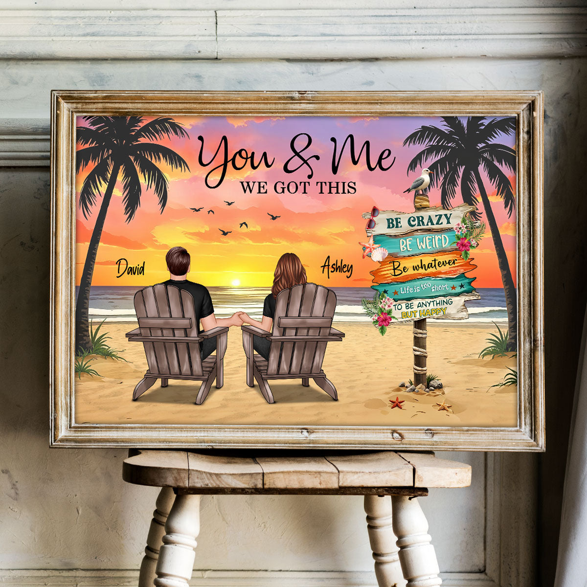 Couple Beach Landscape Sign Post Sunset Summer Vibe Personalized Poster, Gift For Him, For Her
