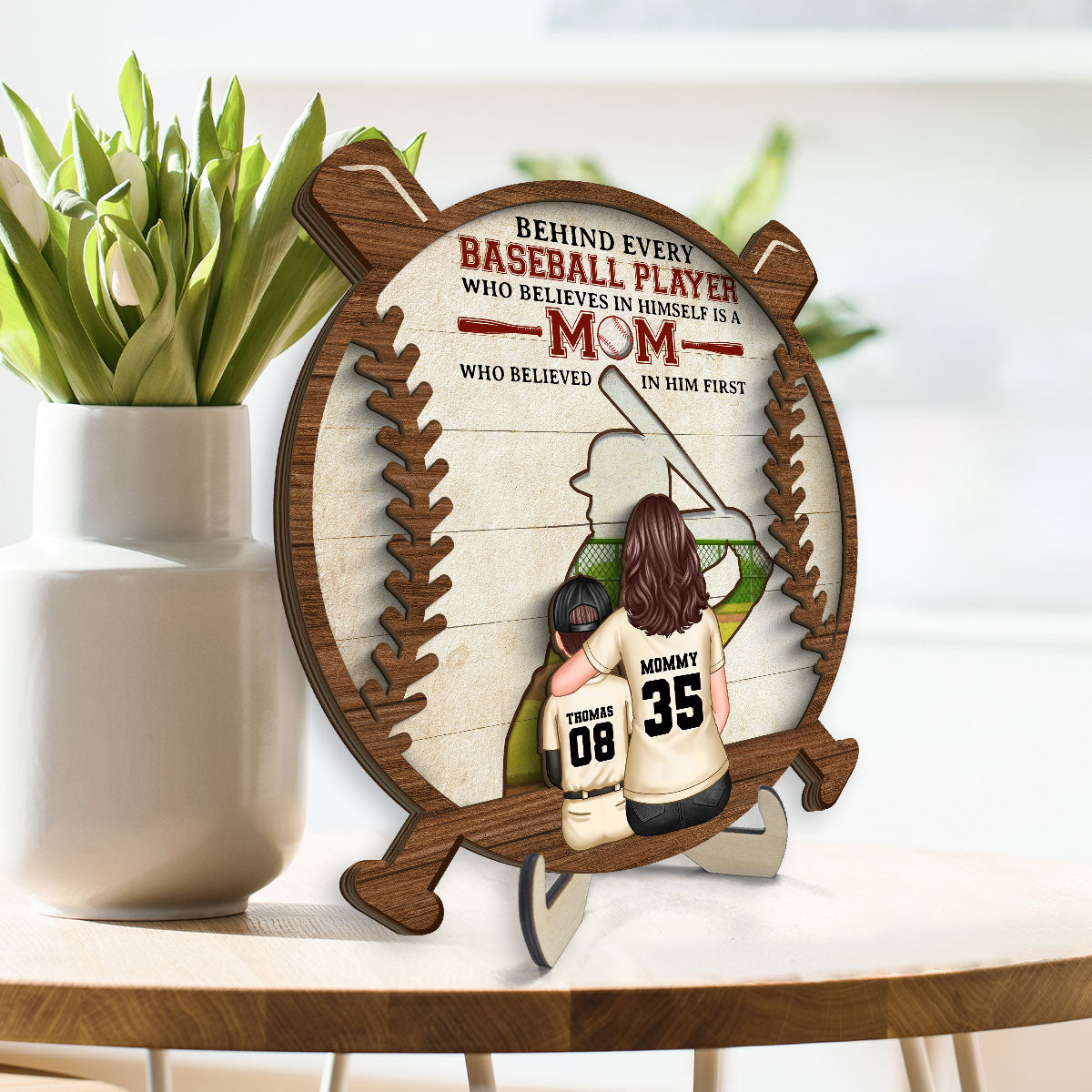 Baseball Mom Behind Every Baseball Player Personalized 2-Layer Wooden Plaque, Gift for Mom