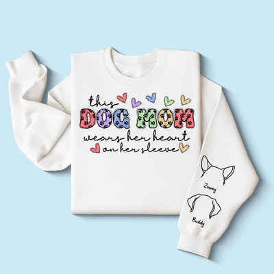 Dog Mom Colorful Paw Pattern, This Dog Mom Wears Her Heart On Her Sleeve, Custom Dog Name, Dog Mama, Personalized Sleeve Printed Sweatshirt