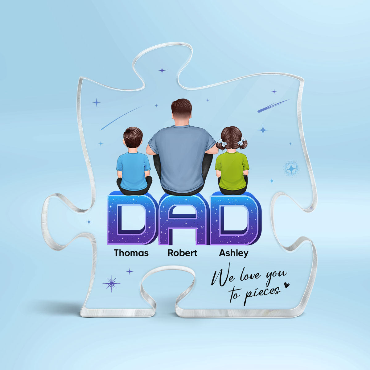 Dad We Love You To Pieces Back View Man Kids Dog Cat Personalized Acrylic Puzzle Plaque