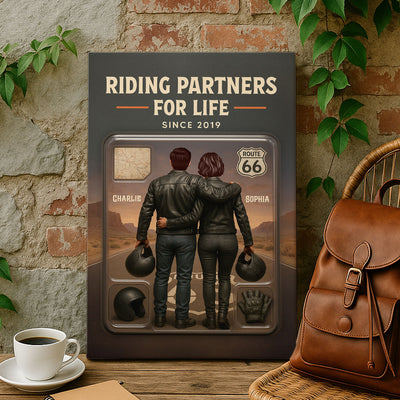3D Effect Custom Figure Couple Bikers Riding Partners For Life Personalized Wrapped Canvas