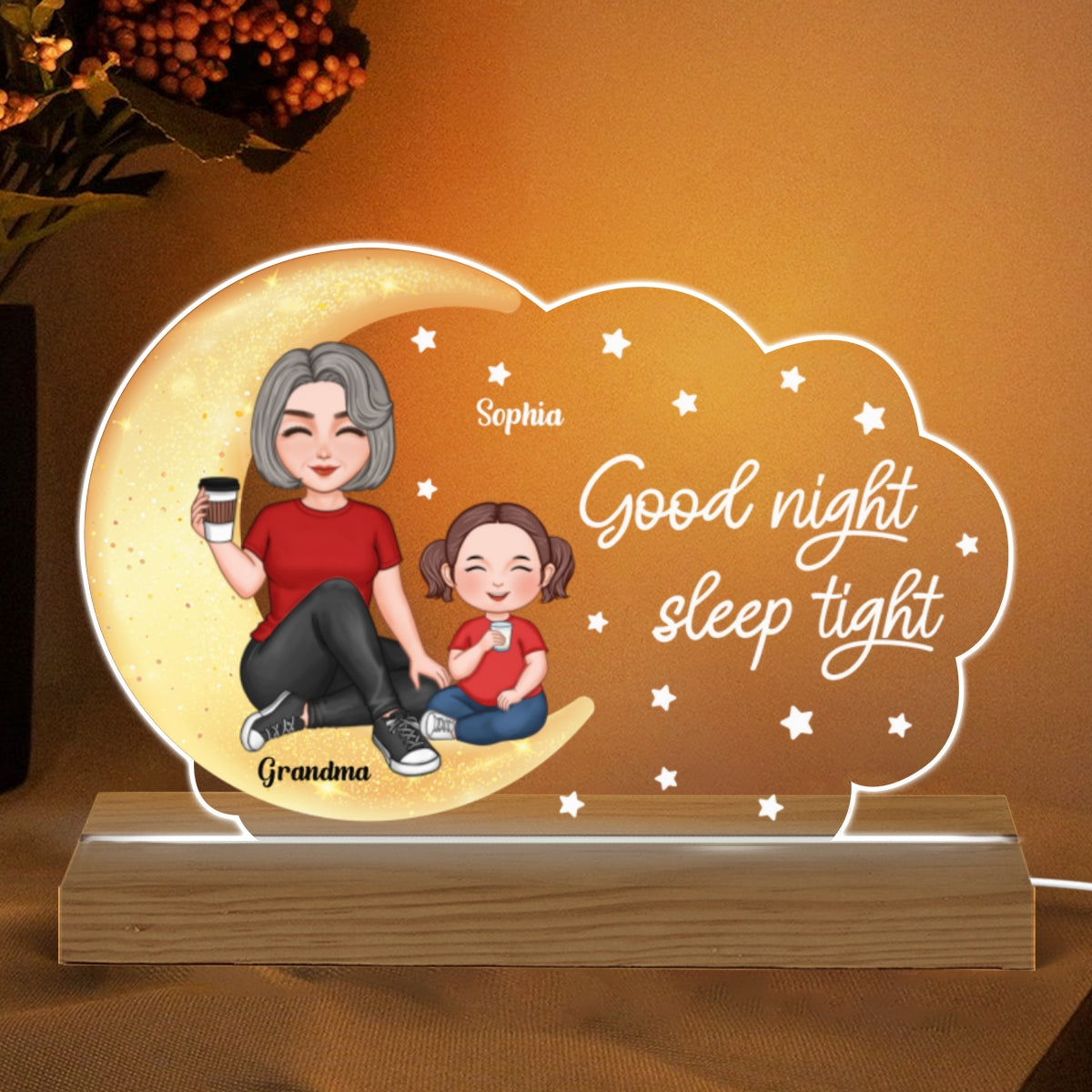 Cute Grandma Grandkid Sitting On Moon Cloud Stars Goodnight Personalized Acrylic Plaque With LED Night Light