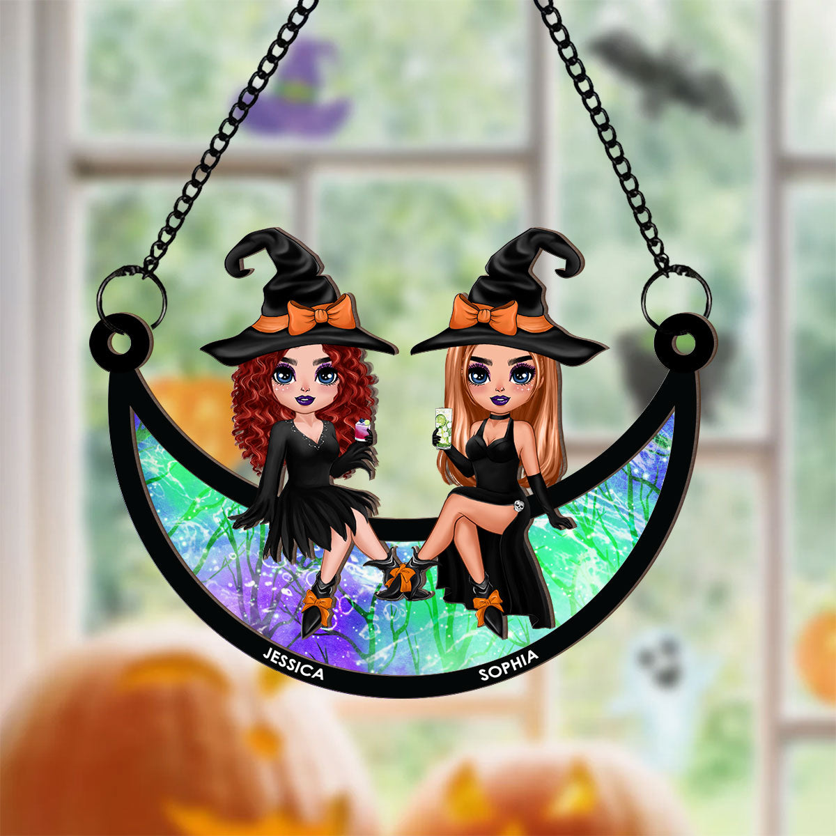 Halloween Witch Besties Sitting On Moon Personalized Window Hanging Suncatcher Ornament, Halloween Decor