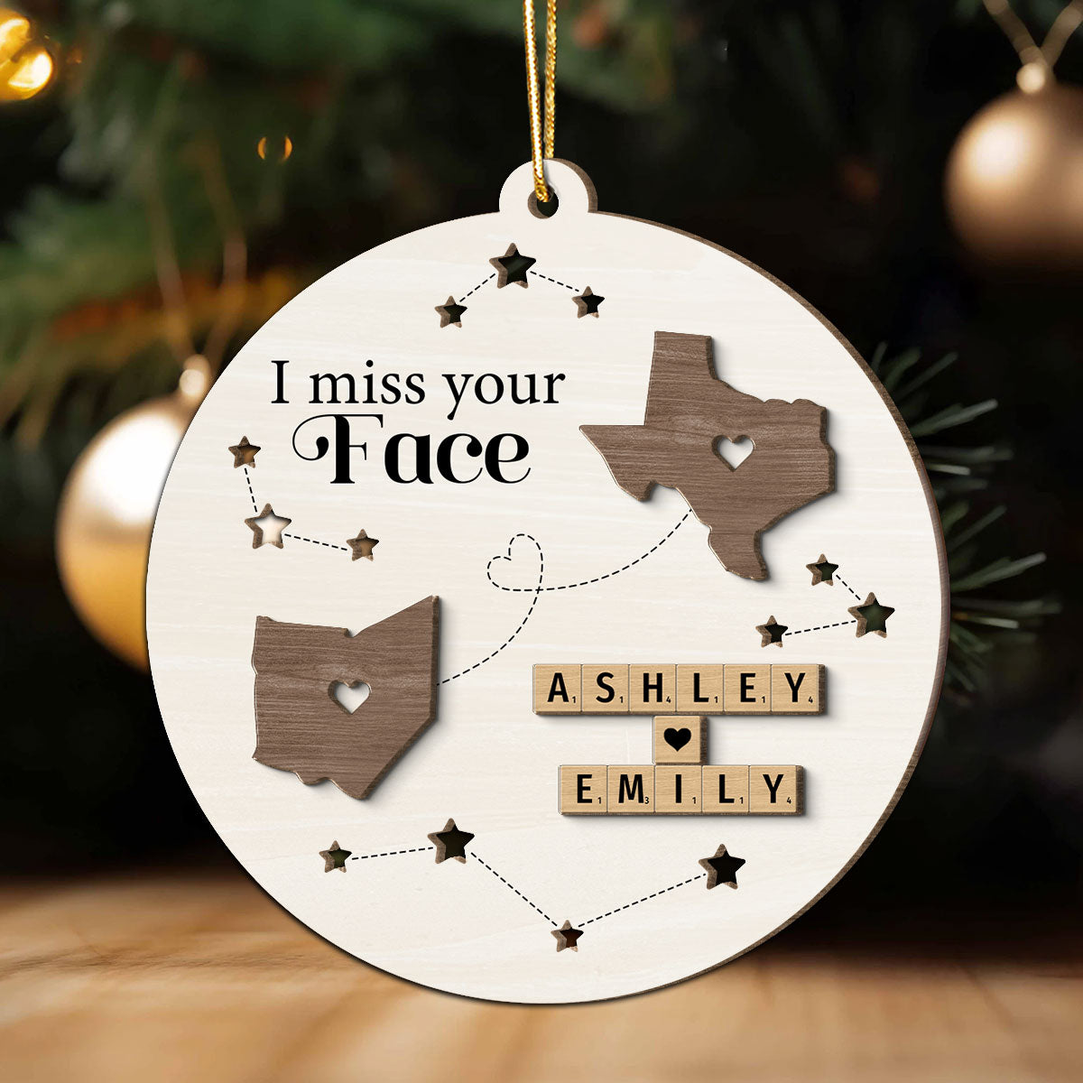 I Miss Your Face Long Distance State Maps Wooden Blocks Personalized 2-Layer Wooden Ornament, Christmas Gift For Besties, Couple, Family