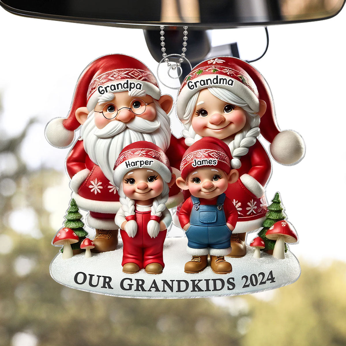 3D Effect Gnome Grandma Grandpa And Grandkids Christmas Personalized Acrylic Car Hanger Ornament