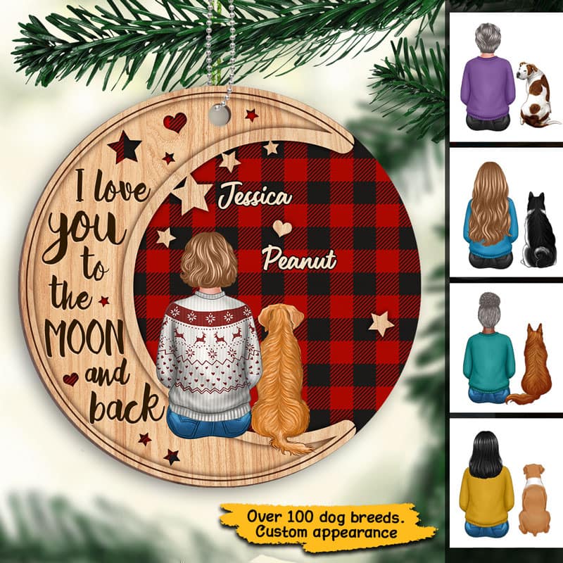 Checkered Pattern Woman Sitting With Dogs Personalized Wooden Ornament