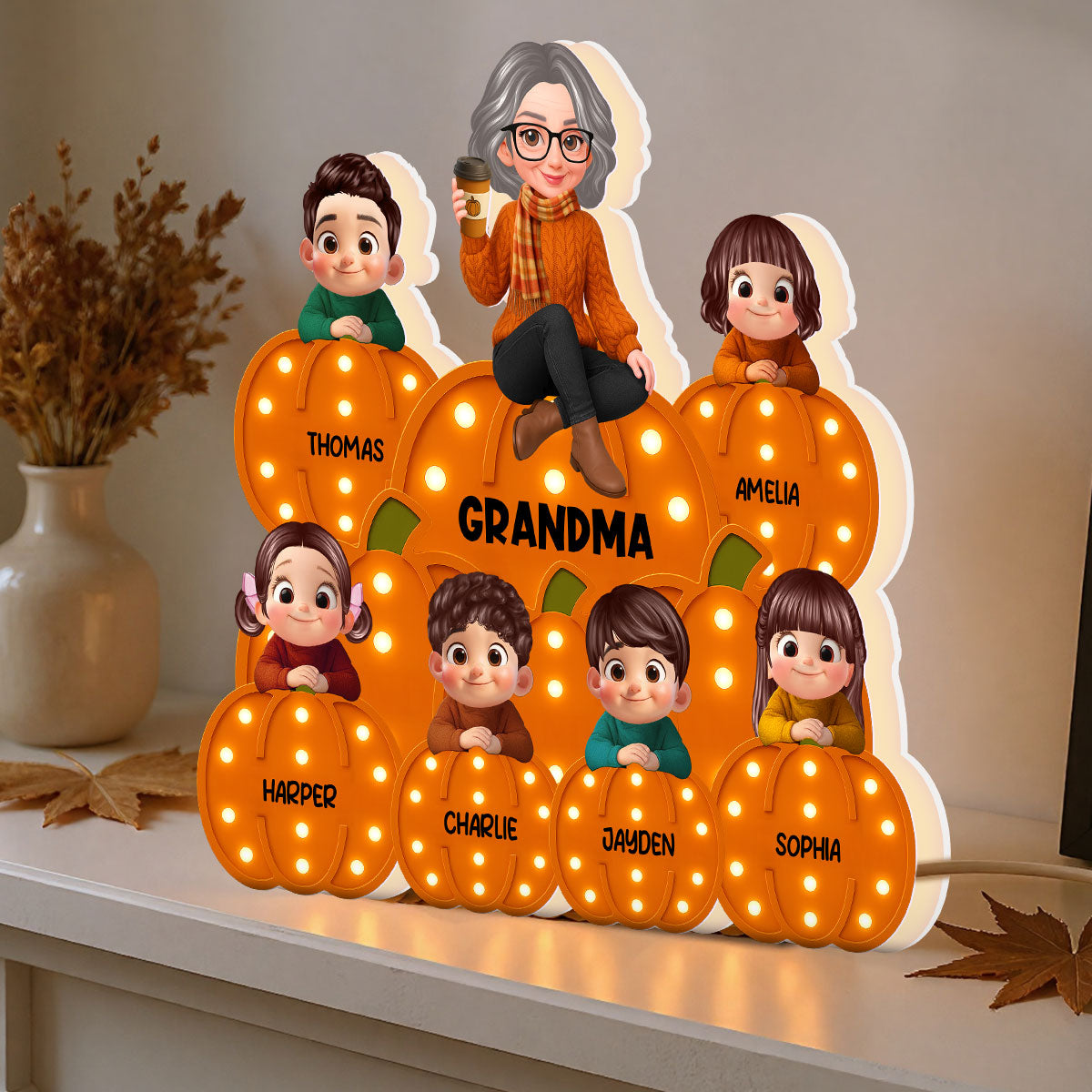 Fall Season Grandma Grandkids On Marquee Pattern Texture Pumpkins Personalized LED Light Box