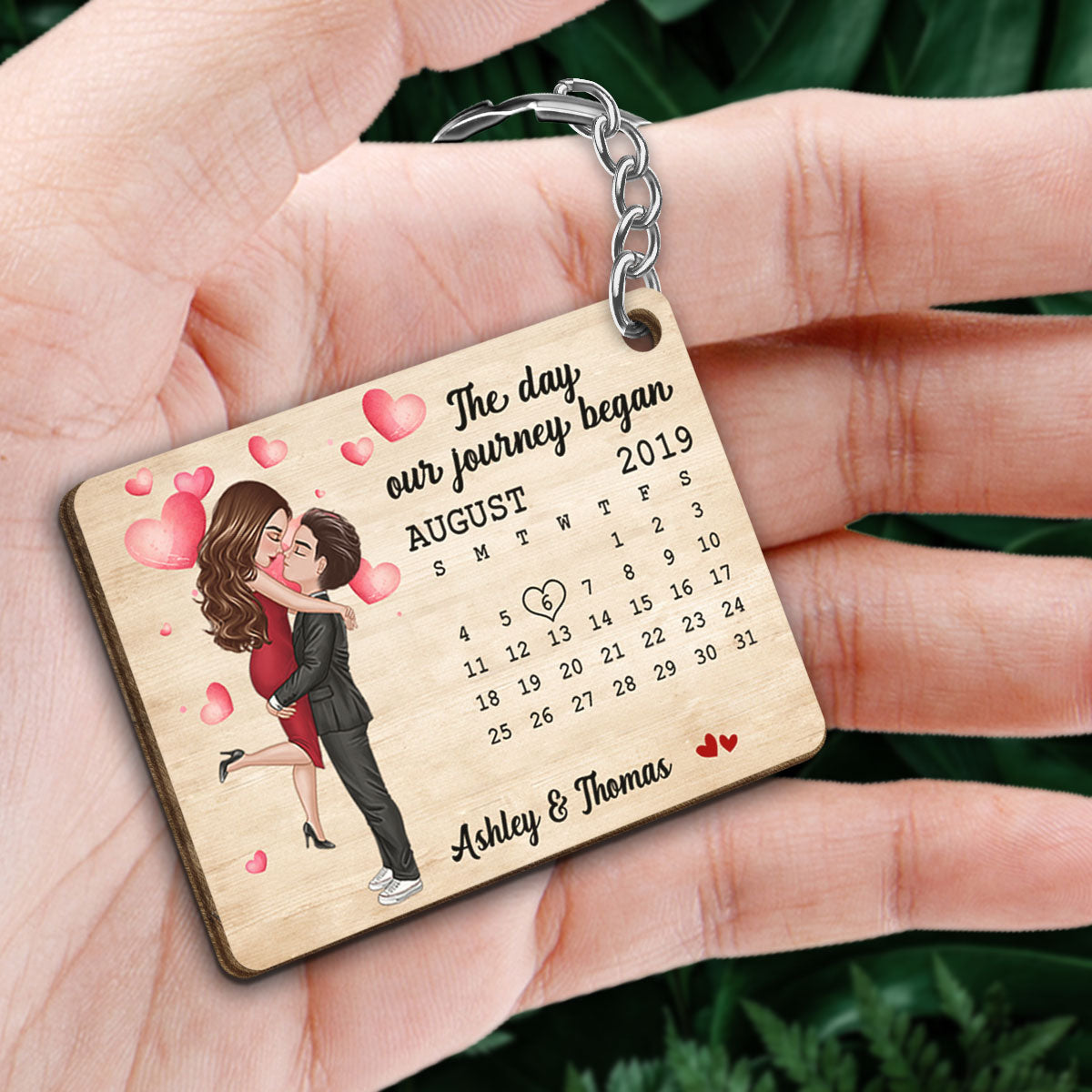 Doll Couple Hugging Kissing Calendar Anniversary Date Personalized Wooden Keychain