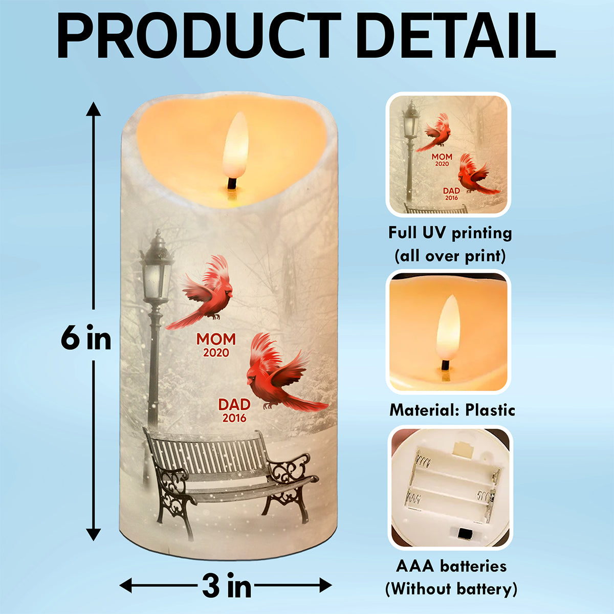 Cardinals Winter Memorial Personalized LED Candle, Remembrance Gift, Sympathy Gift