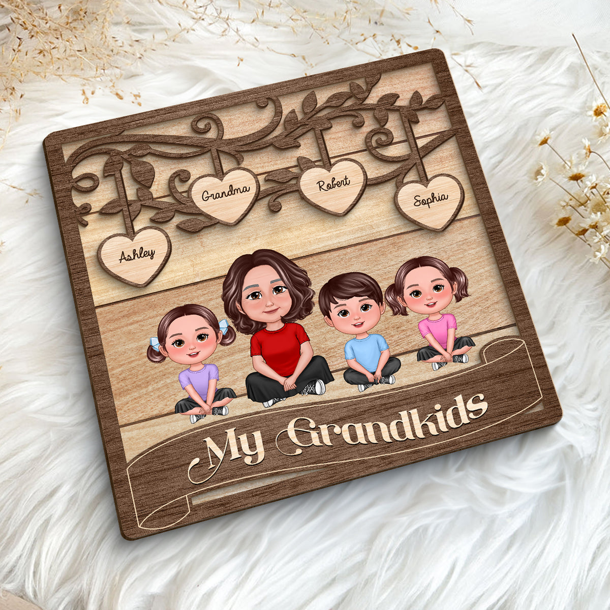 Grandma Grandkids Swirl Tree Hearts Personalized 2-layer Wooden Plaque