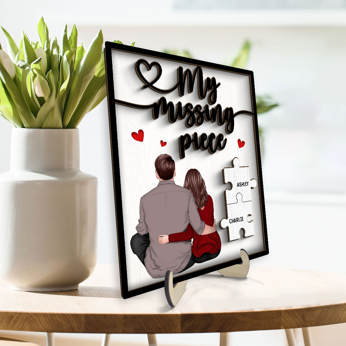 My Missing Piece Couple Sitting Back View Valentine‘s Day Gift For Her Gift For Him Personalized 2-Layer Wooden Plaque