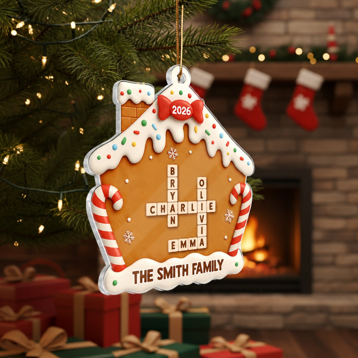 Family Name Crossword Cake House - Personalized Acrylic Ornament - Special Christmas Gift For Family
