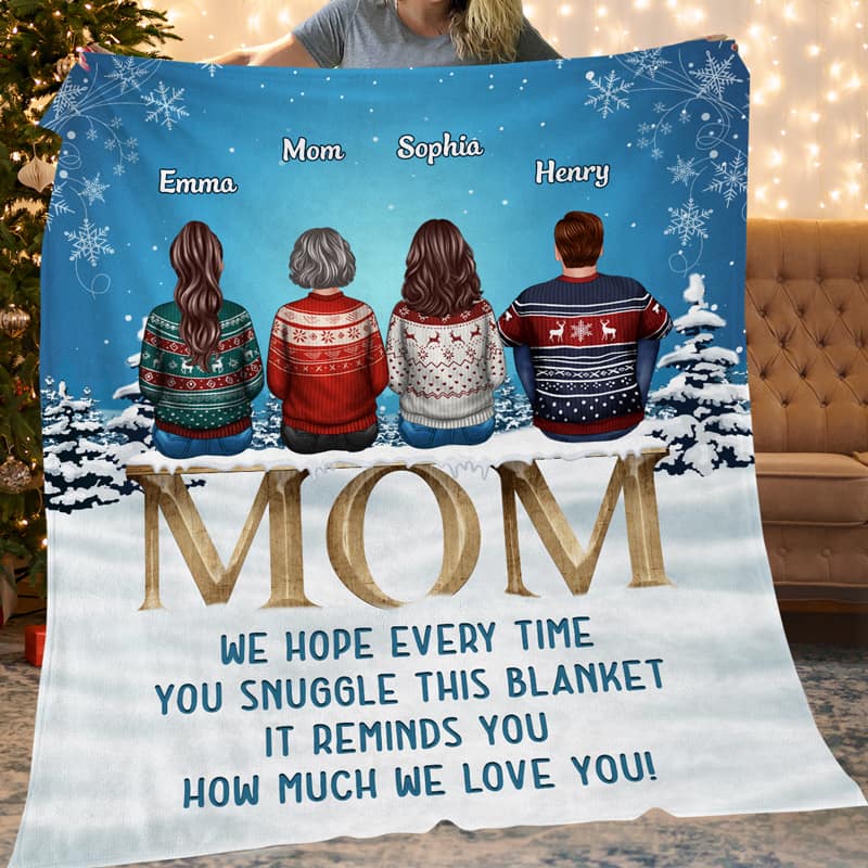 Mom We Love You Snow Blue Background Personalized Fleece Blanket