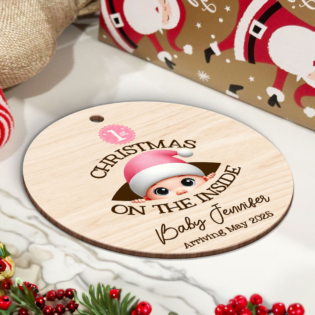 Personalized Baby's First Christmas On the Inside Wooden Ornament, Custom Pregnancy Reveal Ornament, Expecting Parents