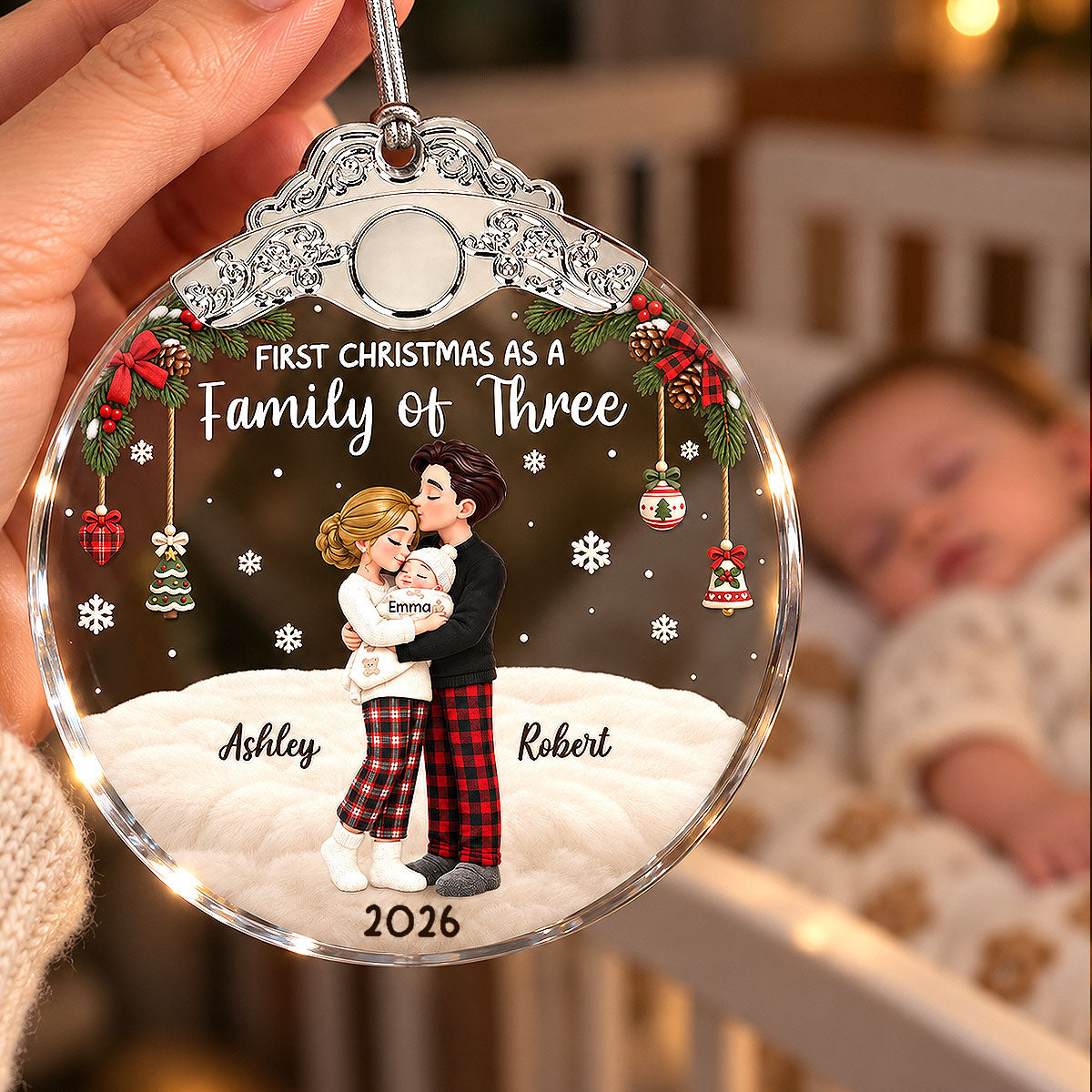 Our First Christmas As Family Of Three - Personalized Glass Ornament With Silver Cap - Christmas Tree Keepsake For New Parents