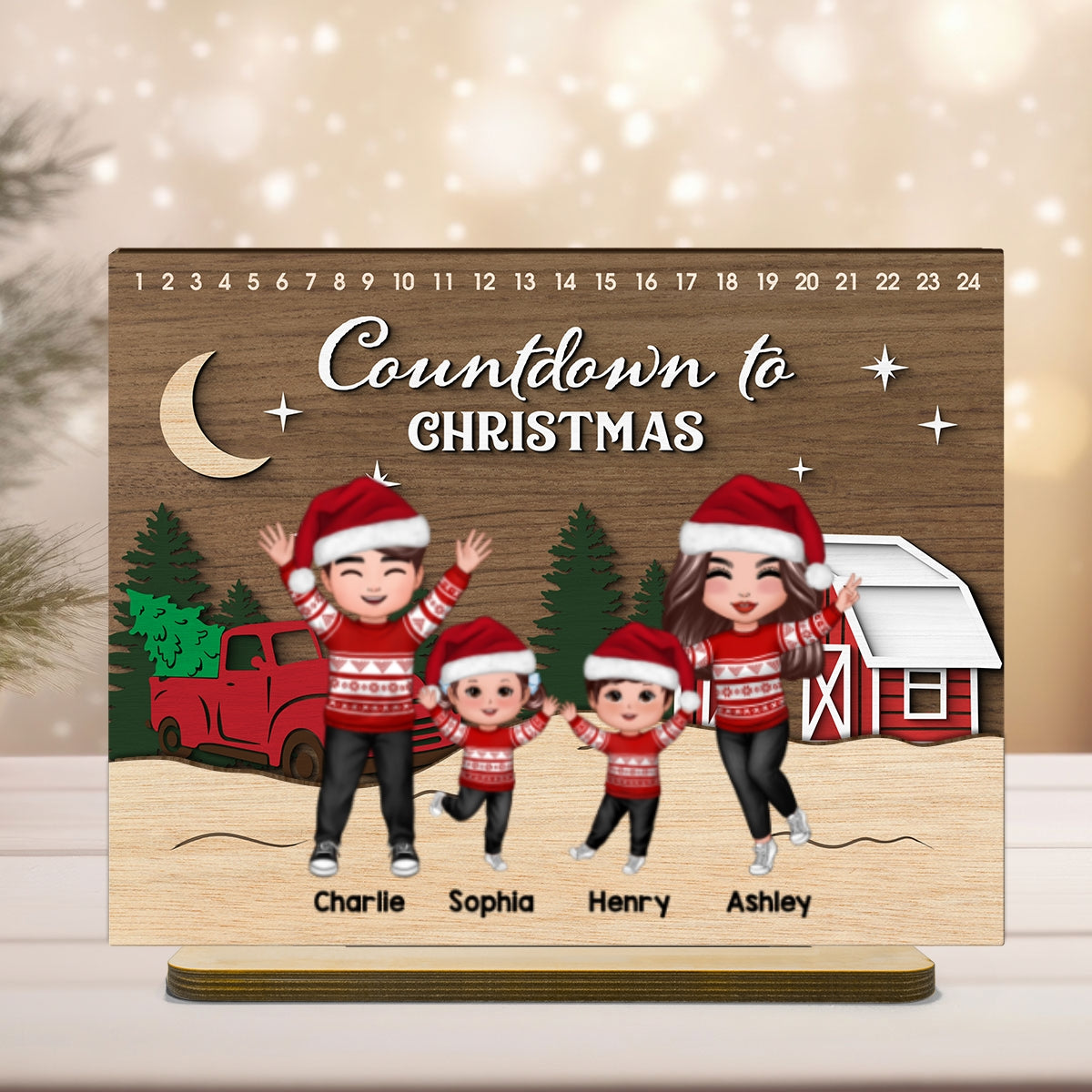 Christmas Countdowns Family Sitting Personalized 2-Layer Standing Wooden Plaque