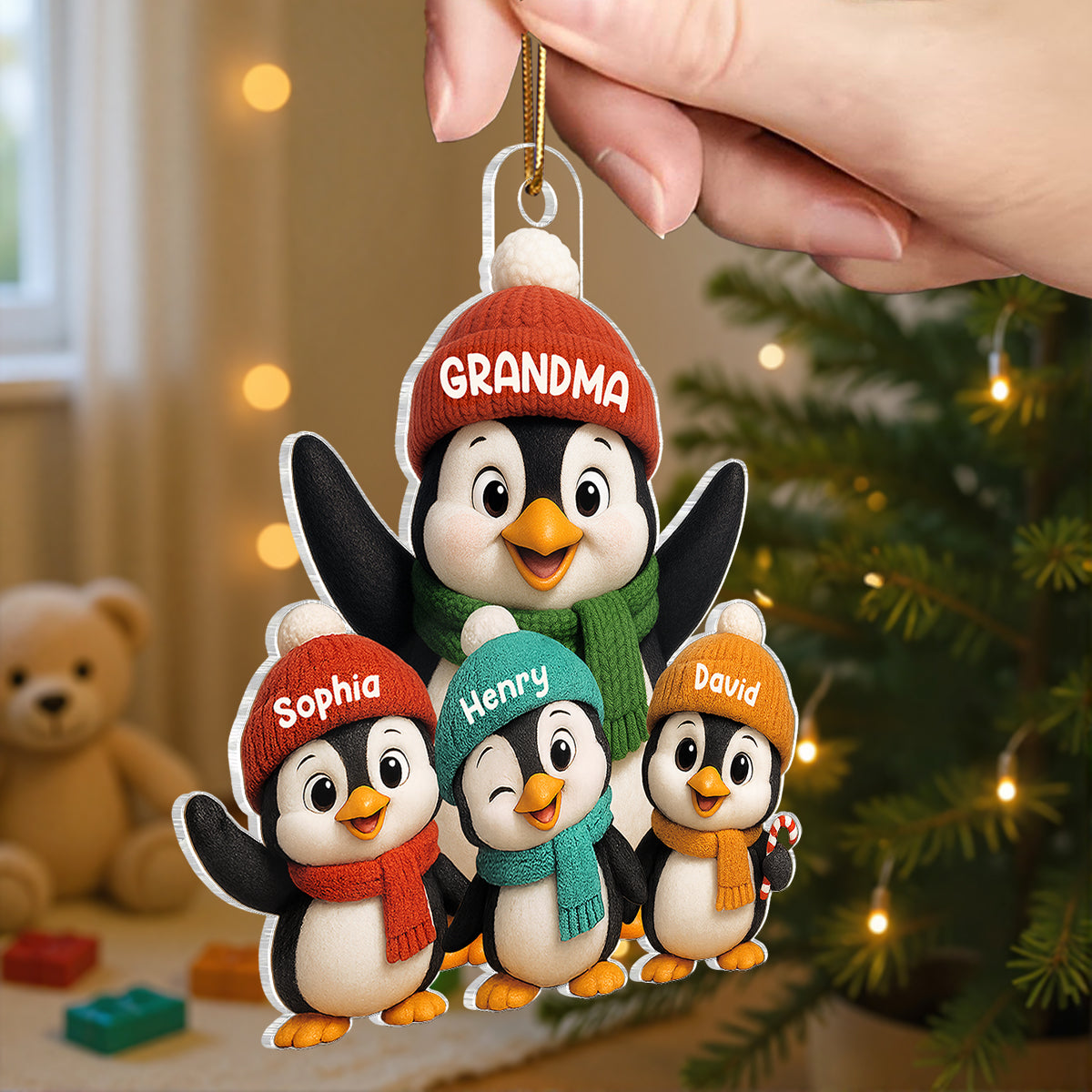 3D Effect Cute Christmas Penguins Grandma Grandkids - Personalized Acrylic Ornament