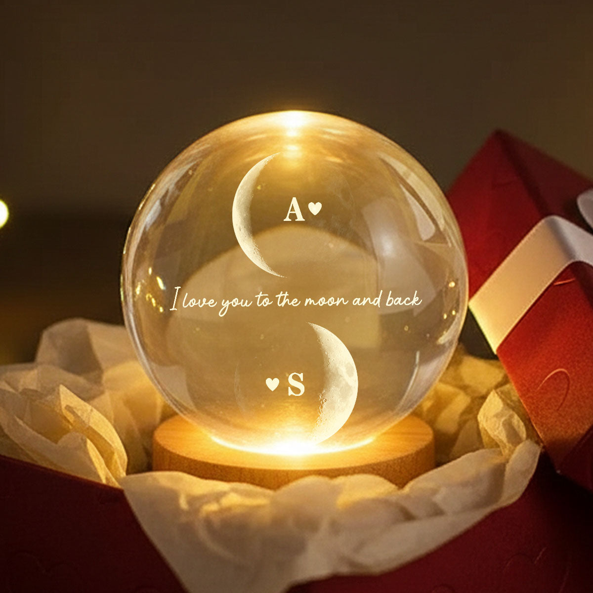 Custom Couple Moon Phase - Personalized Crystal Ball LED Night Light - Valentine's Day Gift For Couple, For Her, For Him