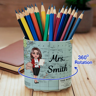 World Map Adventure Themed Doll Teacher Personalized Rotating Pen Holder