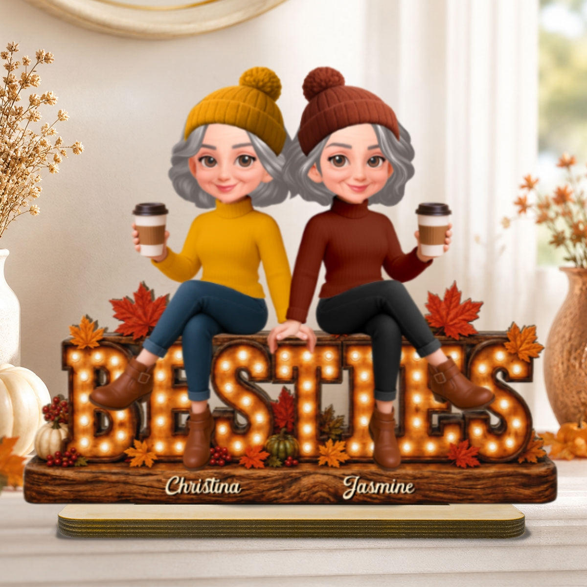 Cozy Vibe Fall Season Besties Forever - Personalized 2-Layered Wooden Plaque - Fall Gift For Best Friends