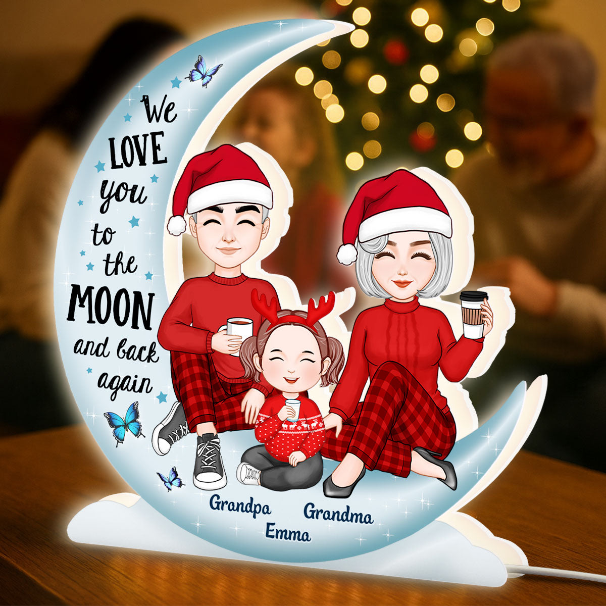 Cute Grandma Grandpa Grandparents & Grandkid On Moon - Personalized Light Box