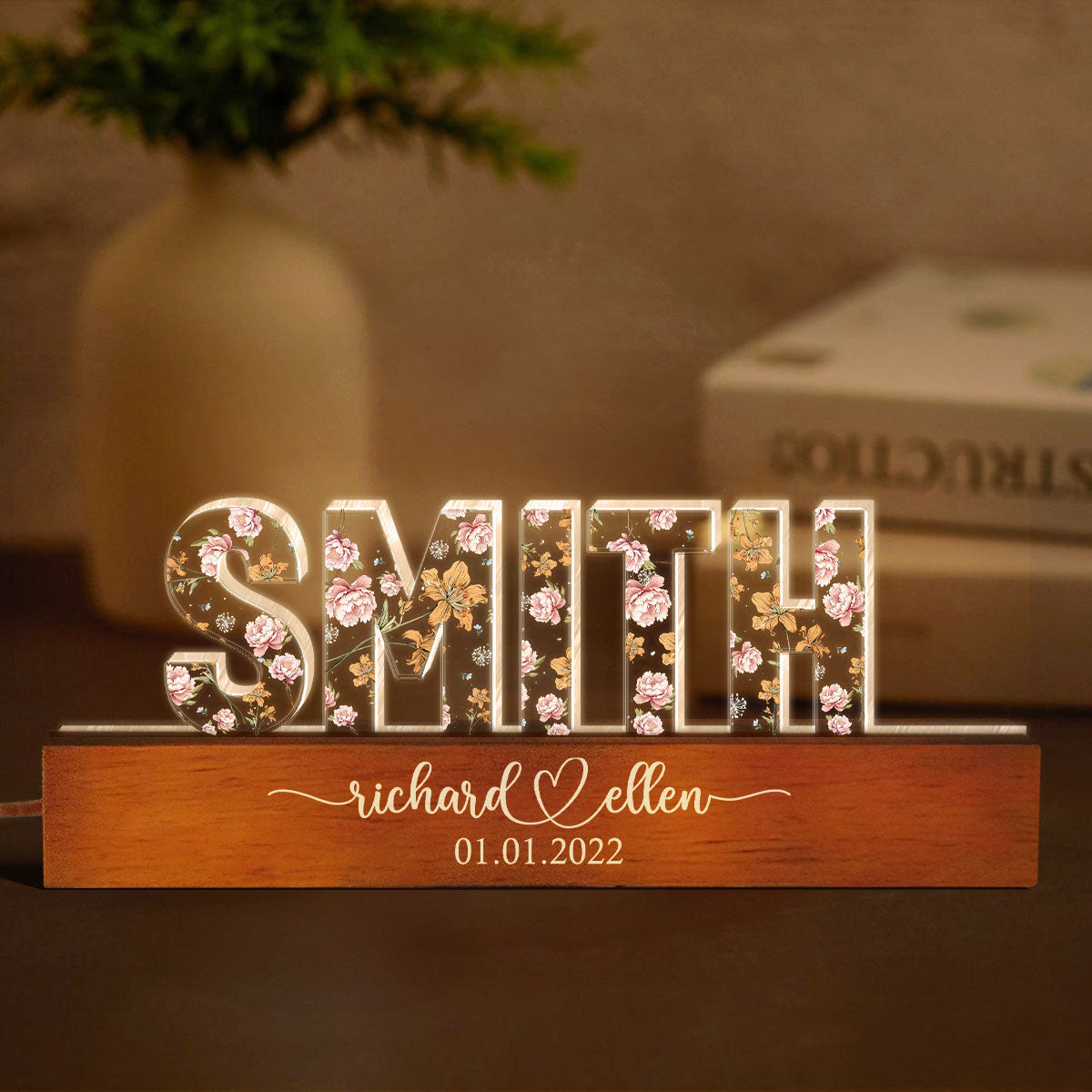 Mr & Mrs Family Name Wedding Anniversary  Gift for her & for him, Custom Flower Printed LED Night Light