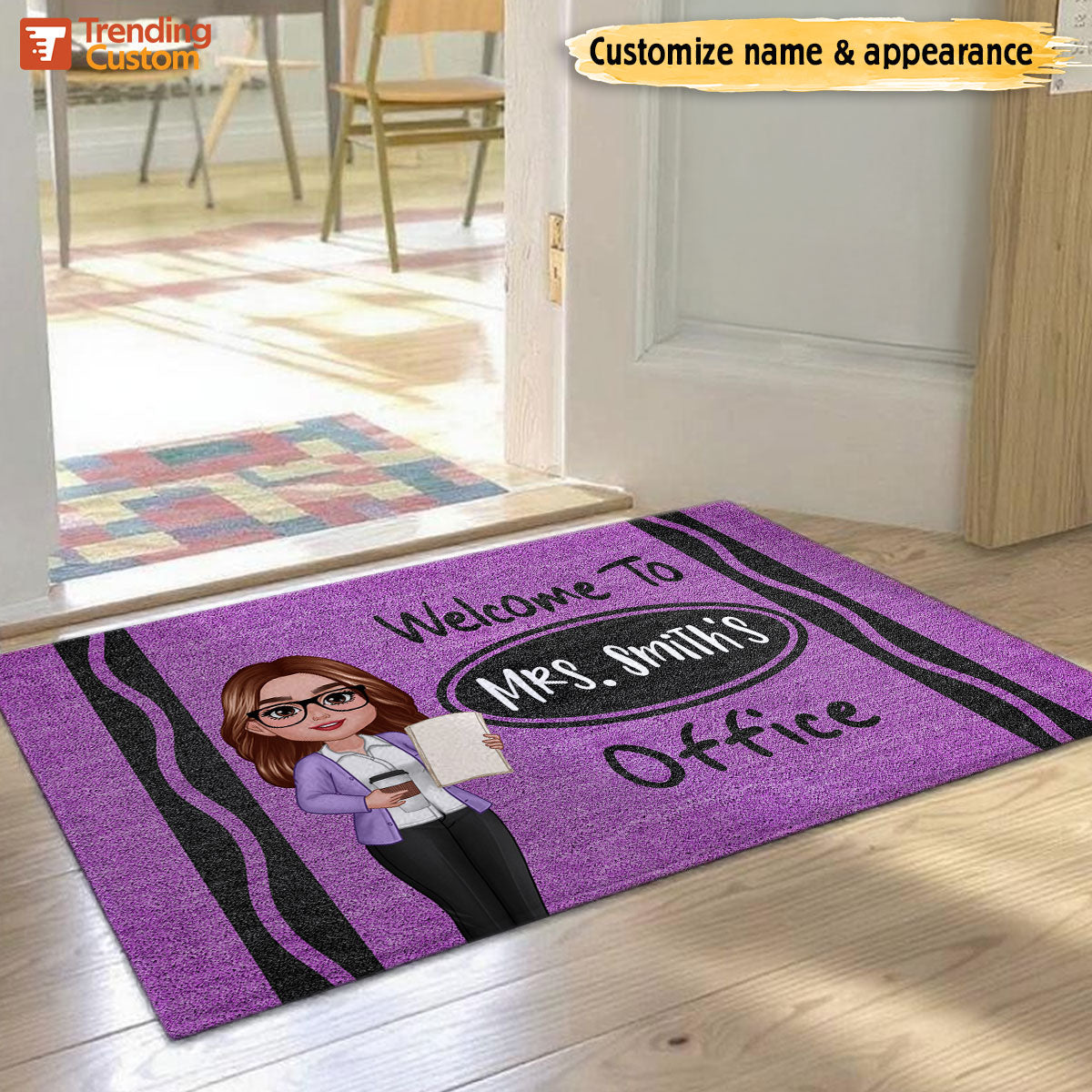 Female Male Teacher Crayon Pattern Welcome To Office Personalized Doormat| Back To School Gift, Classroom Decoration