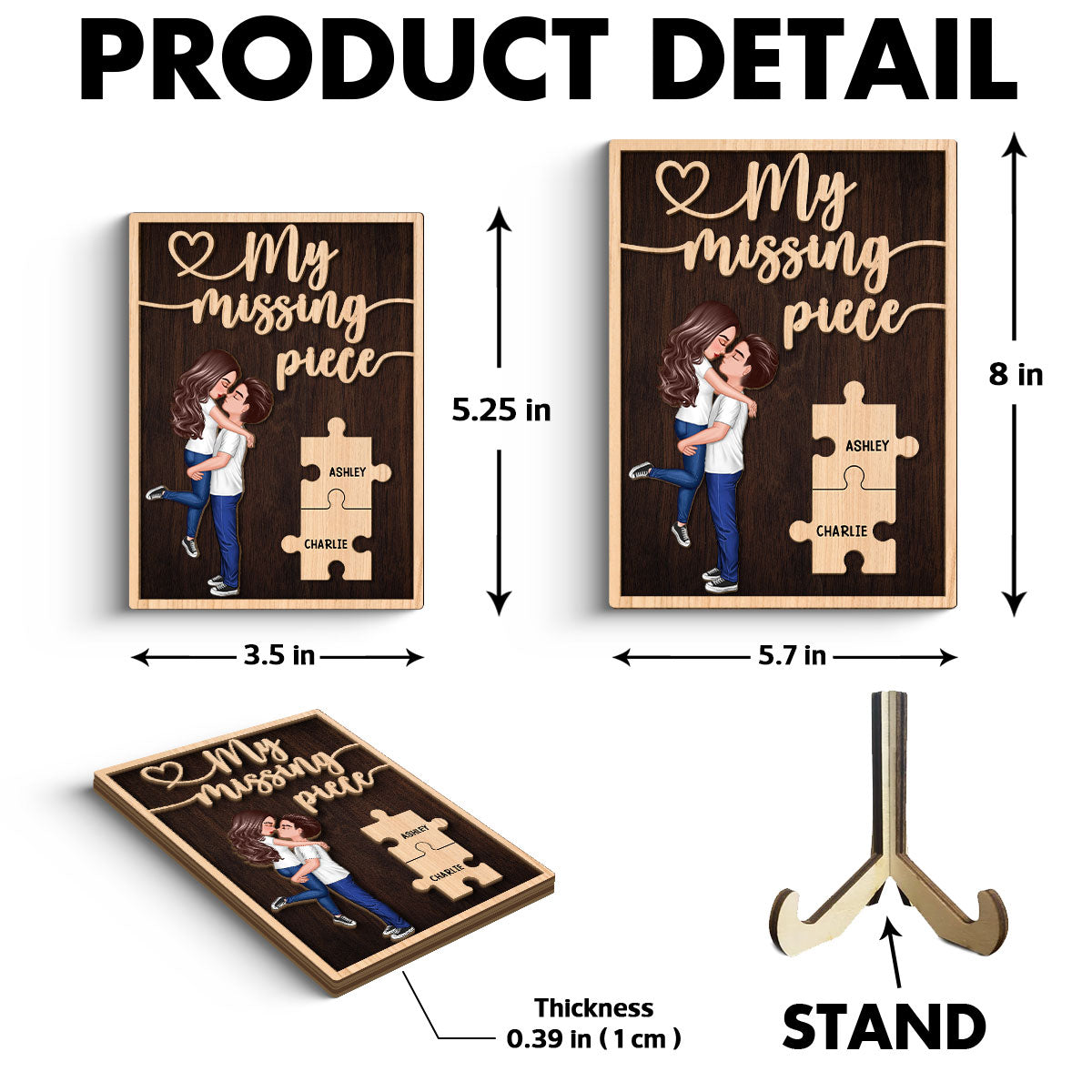 My Missing Piece Hugging Kissing Couple Dark Theme Valentine‘s Day Gift For Her Gift For Him Personalized 2-Layer Wooden Plaque
