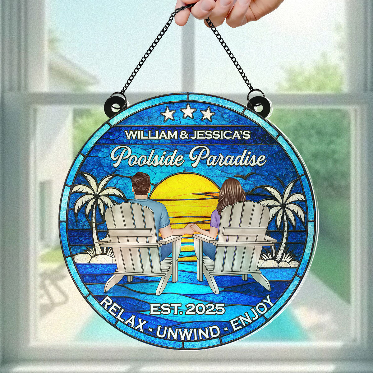Poolside Paradise Couple Sitting Personalized Suncatcher, Summer Decor