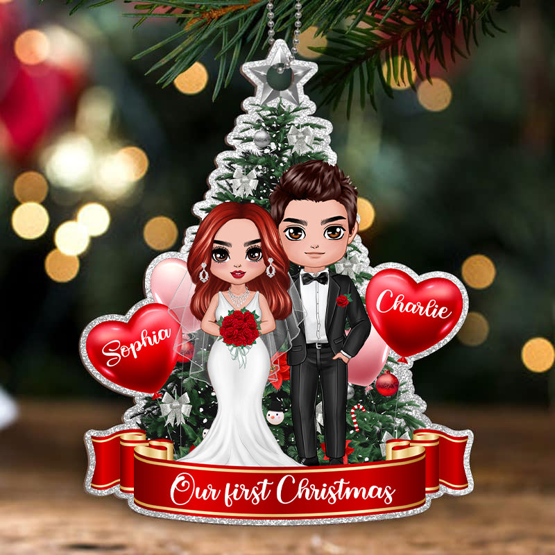 Groom And Bride At Christmas Tree Personalized Wooden Ornament