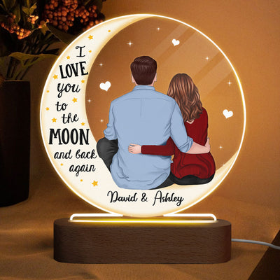 Love You To The Moon Couple Sitting Back View On Moon Personalized Circle Acrylic Plaque With LED Night Light - Valentine‘s Day Gift - Anniversary Gift For Her - Gift For Him