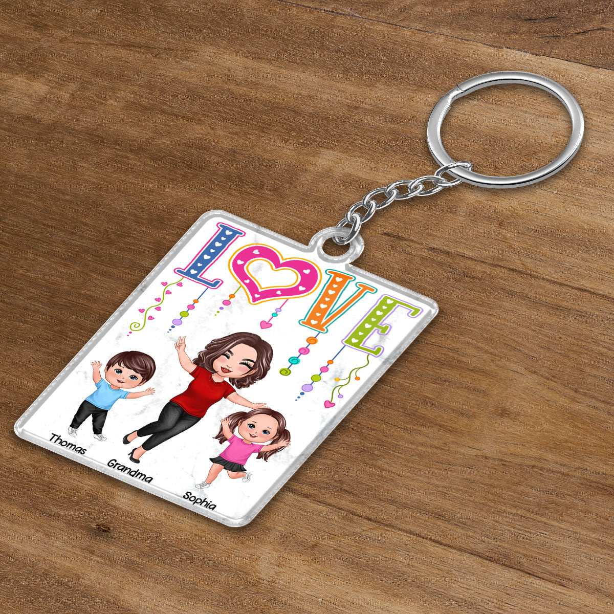 LOVE Happy Doll Grandma Mom With Kids Personalized Acrylic Keychain